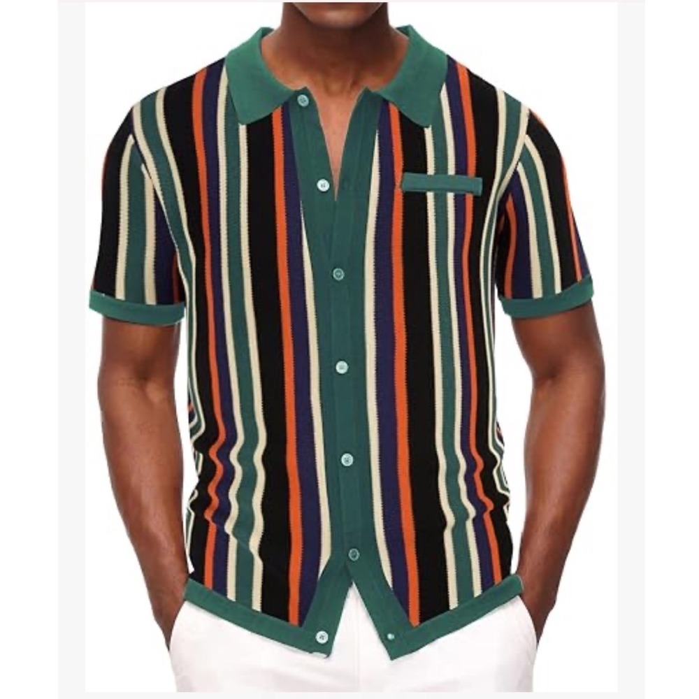 Paul Jones Mens Vertical Stripe Knit Polo Shirt Green Orange Button Down New‎ M